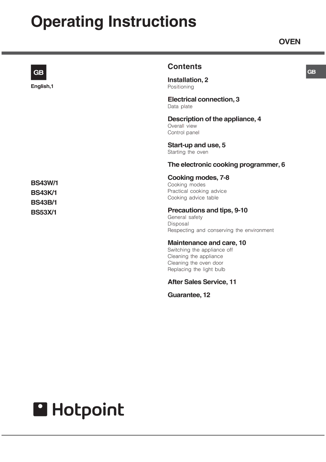 Hotpoint BS53X1 operating instructions Operating Instructions, Oven 