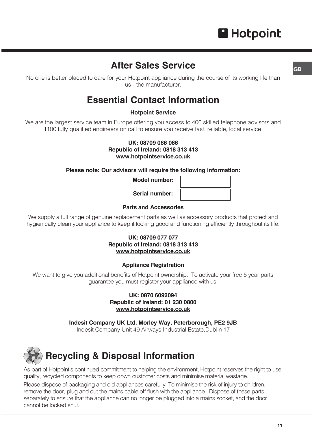 Hotpoint BS53X1 operating instructions After Sales Service 