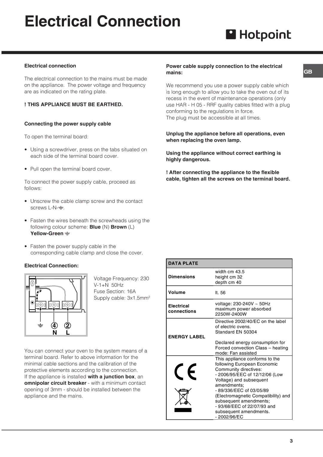 Hotpoint BS53X1 operating instructions Electrical Connection, This Appliance Must be Earthed 