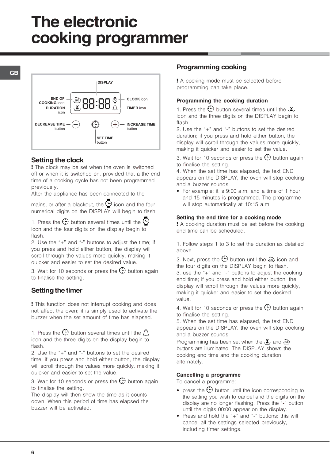 Hotpoint BS53X1 Electronic cooking programmer, Programming cooking, Setting the clock, Setting the timer 