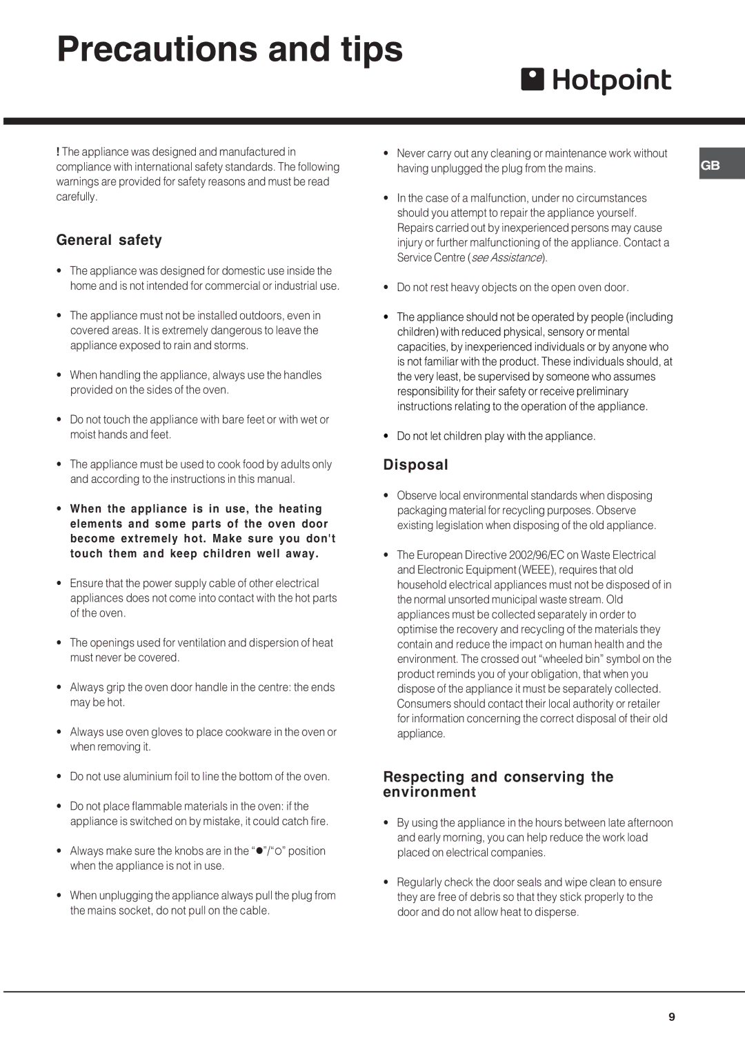 Hotpoint BS53X1 Precautions and tips, General safety, Disposal, Respecting and conserving the environment 