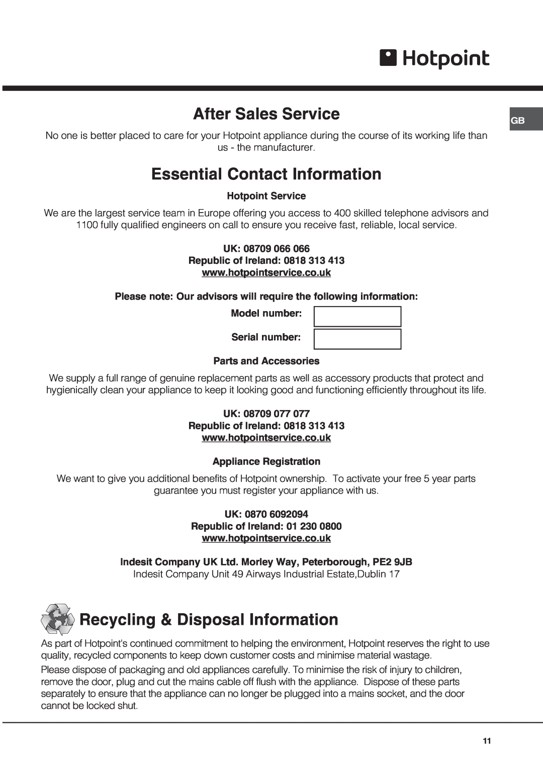 Hotpoint BS53X1 operating instructions After Sales Service, Essential Contact Information, Recycling & Disposal Information 