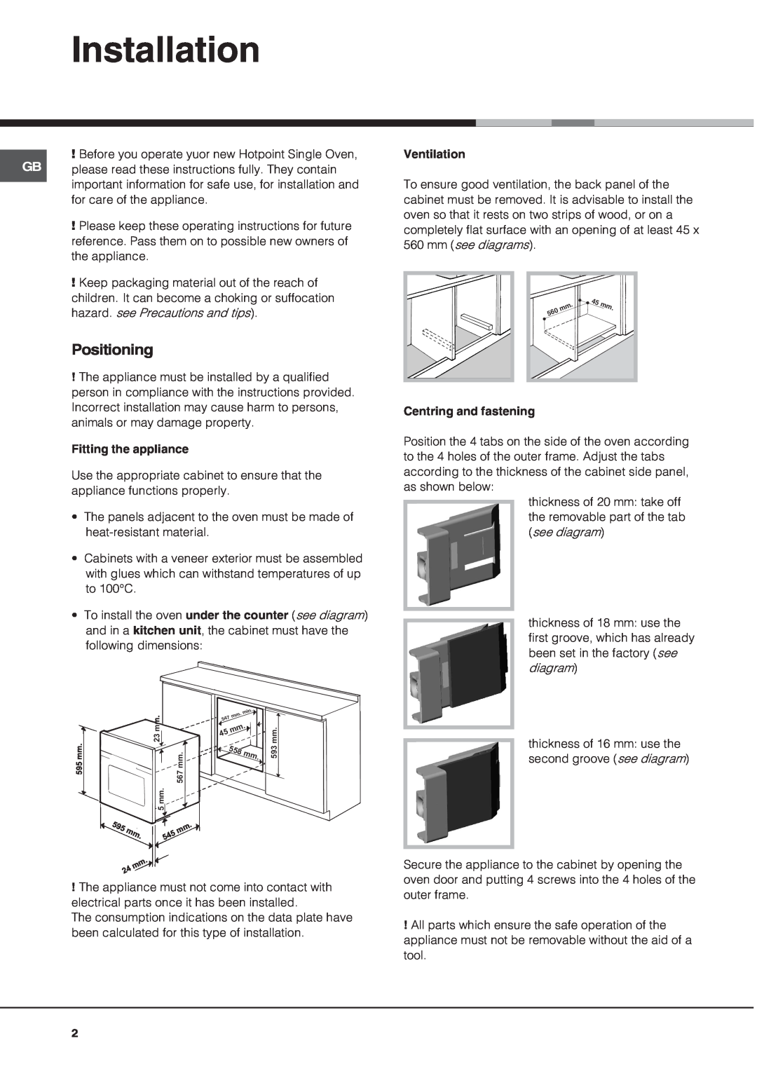 Hotpoint BS53X1 operating instructions Installation 
