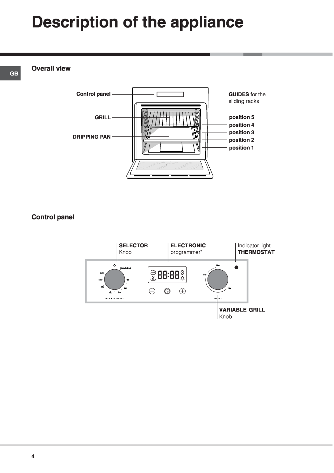 Hotpoint BS53X1 operating instructions Description of the appliance, Control panel GRILL DRIPPING PAN, GUIDES for the 