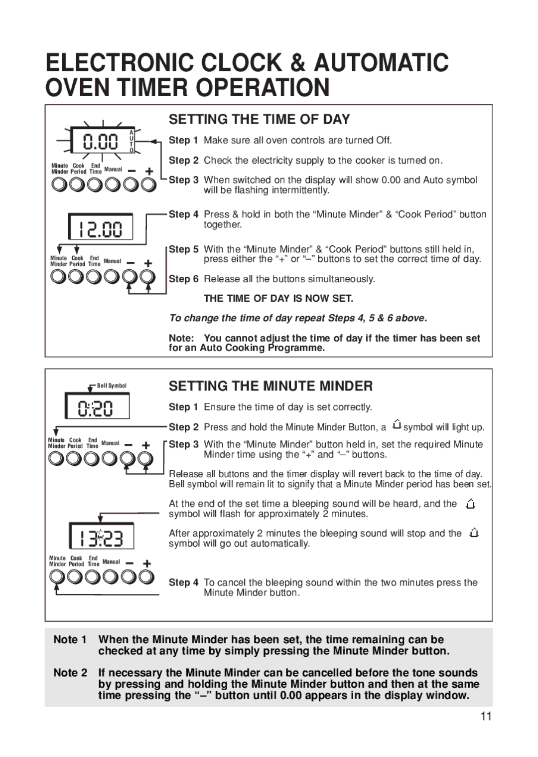 Hotpoint BS61 MK2 manual Setting the Time of DAY, Setting the Minute Minder 