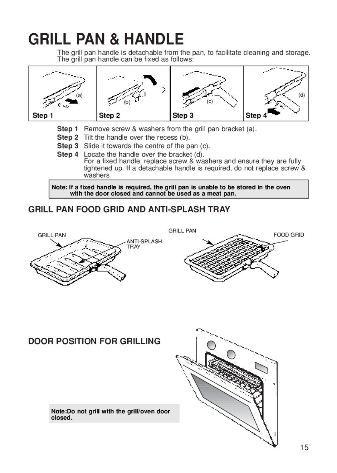 Hotpoint BS61 MK2 manual Grill PAN & Handle, Grill PAN Food Grid and ANTI-SPLASH Tray, Door Position for Grilling, Step 