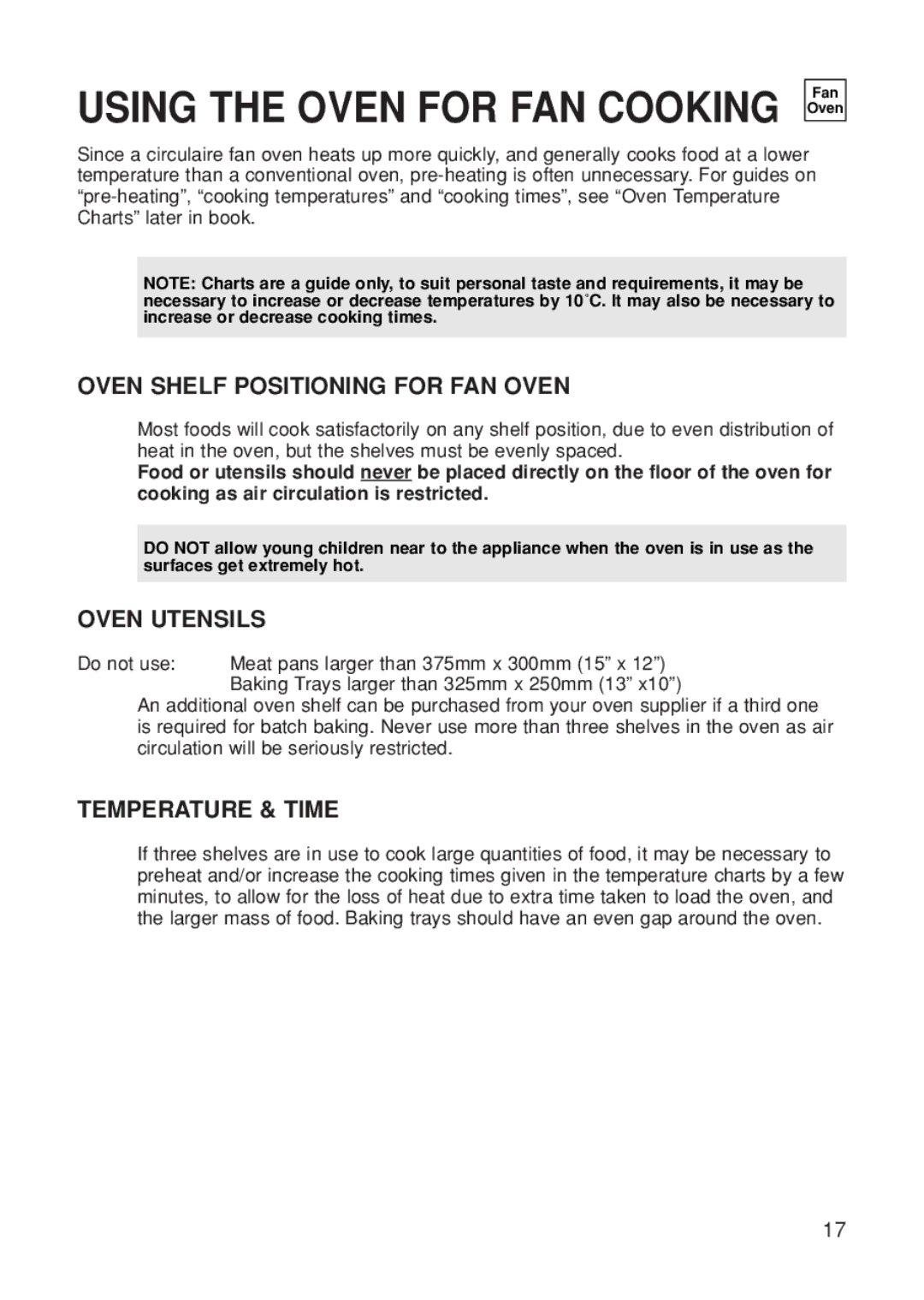 Hotpoint BS61 MK2 manual Oven Shelf Positioning for FAN Oven, Oven Utensils, Temperature & Time 