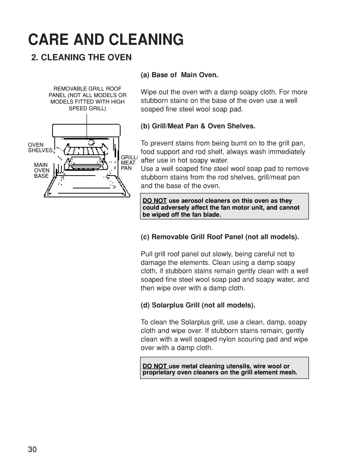 Hotpoint BS61 MK2 Cleaning the Oven, Base of Main Oven, Grill/Meat Pan & Oven Shelves, Solarplus Grill not all models 