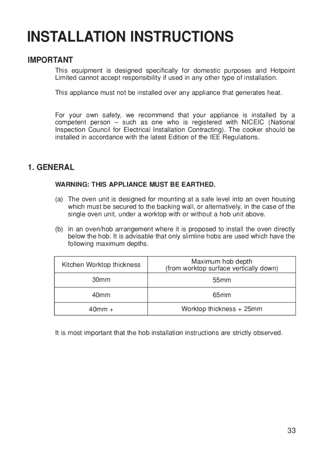 Hotpoint BS61 MK2 manual Installation Instructions, General 