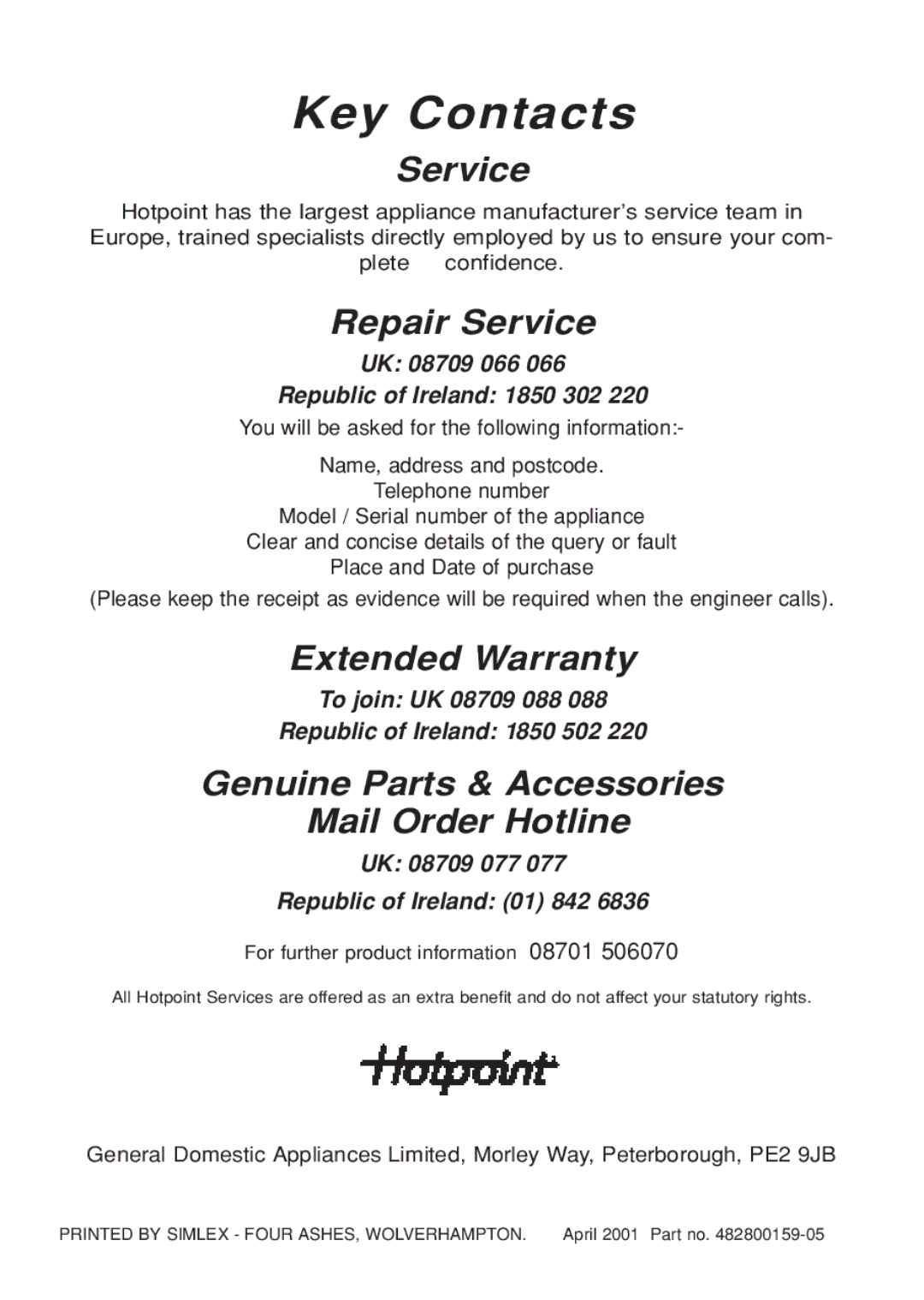 Hotpoint BS61 MK2 manual Key Contacts 