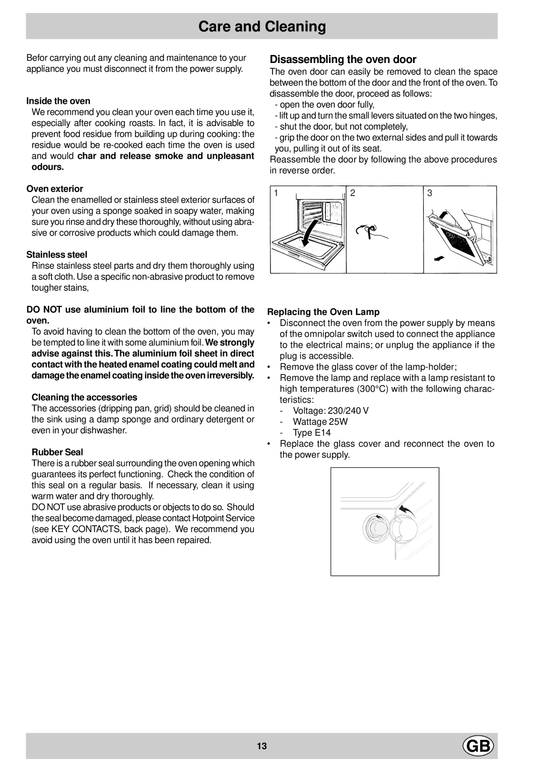 Hotpoint BS73E, BS63E manual Care and Cleaning 