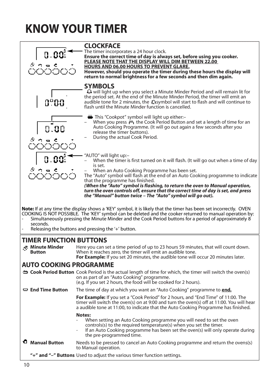 Hotpoint BS72, BS62 manual Know Your Timer, Clockface, Symbols, Timer Function Buttons, Auto Cooking Programme 