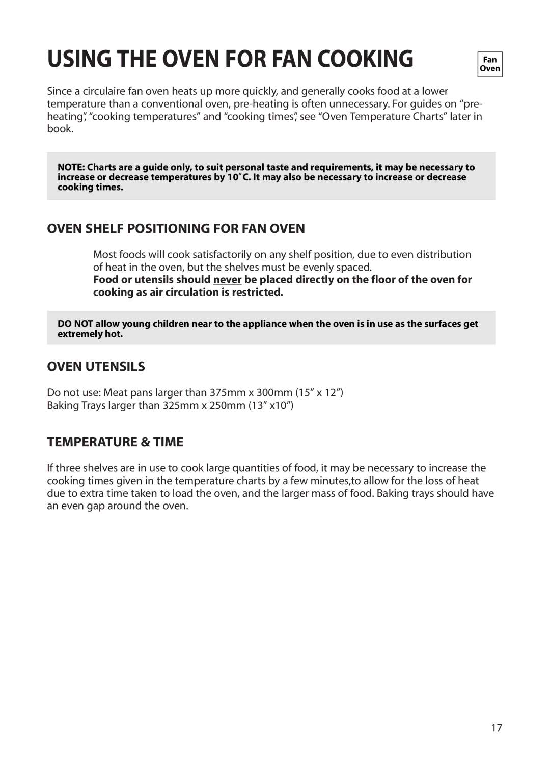 Hotpoint BS62, BS72 manual Oven Shelf Positioning for FAN Oven, Oven Utensils, Temperature & Time 