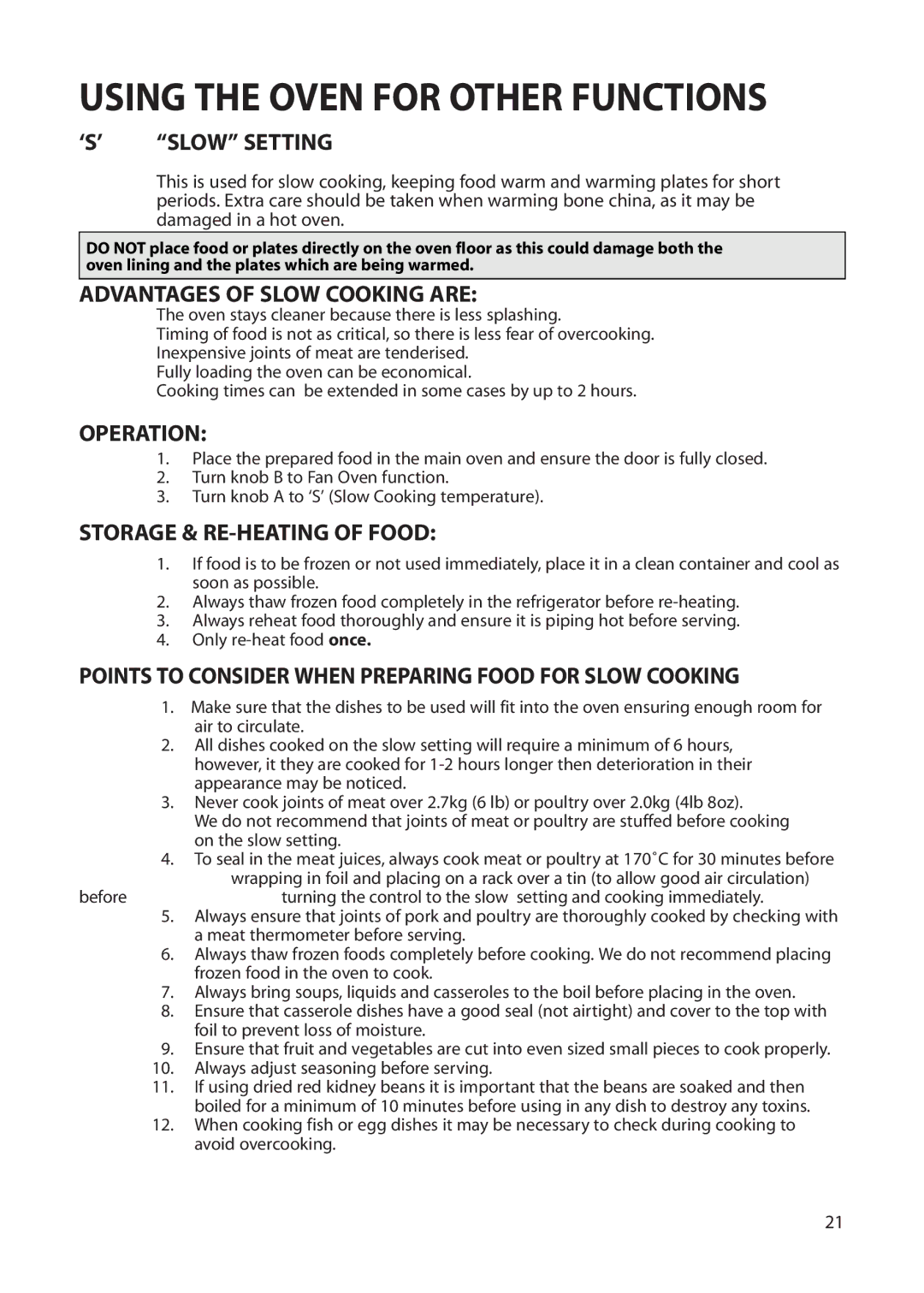 Hotpoint BS62, BS72 manual Advantages of Slow Cooking are, Operation, Storage & RE-HEATING of Food 
