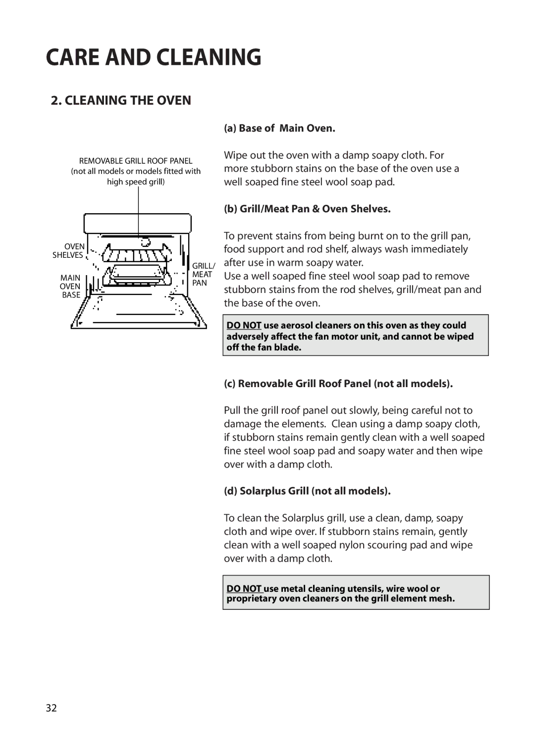 Hotpoint BS72, BS62 Cleaning the Oven, Base of Main Oven, Grill/Meat Pan & Oven Shelves, Solarplus Grill not all models 