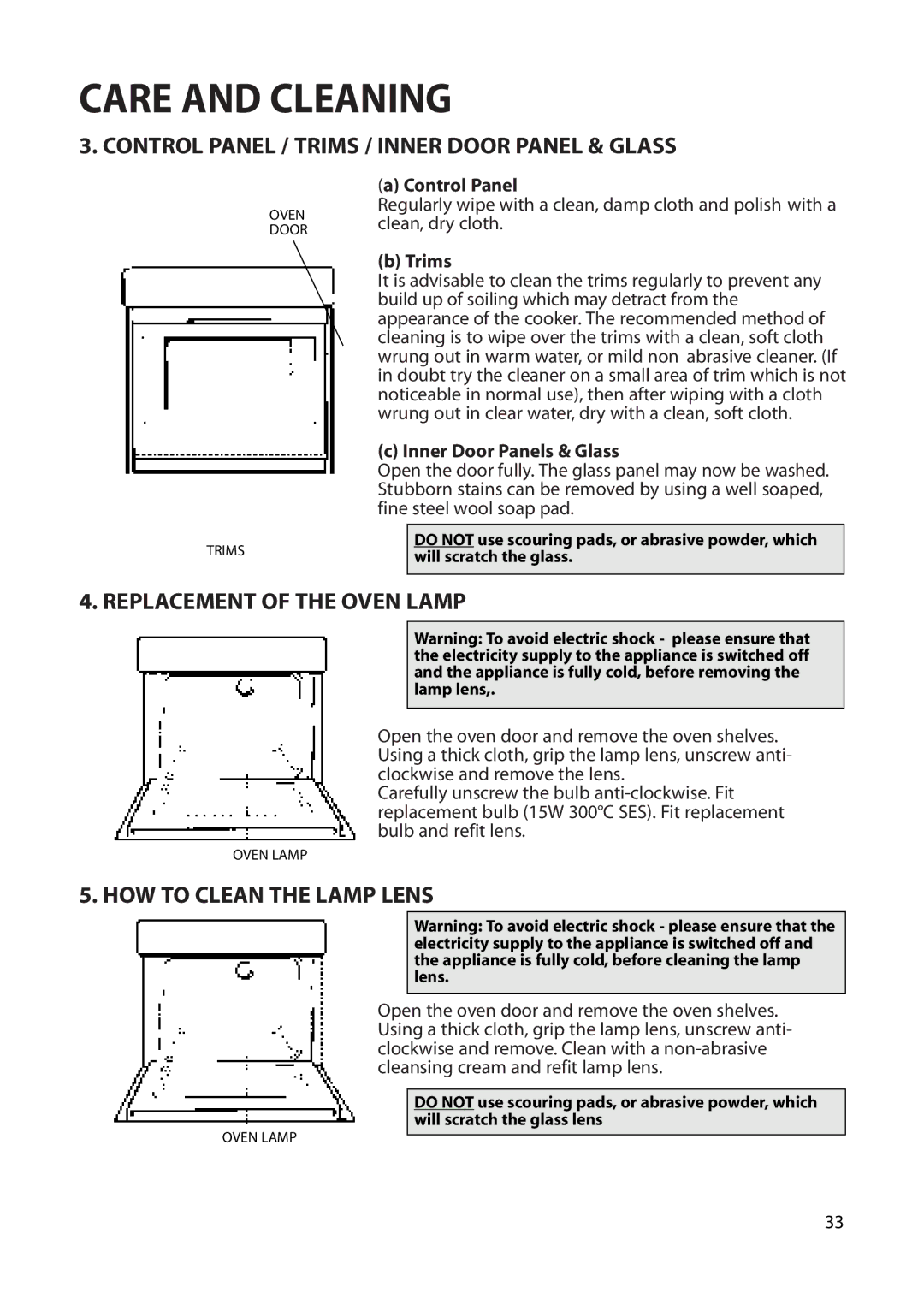 Hotpoint BS62 Control Panel / Trims / Inner Door Panel & Glass, Replacement of the Oven Lamp, HOW to Clean the Lamp Lens 