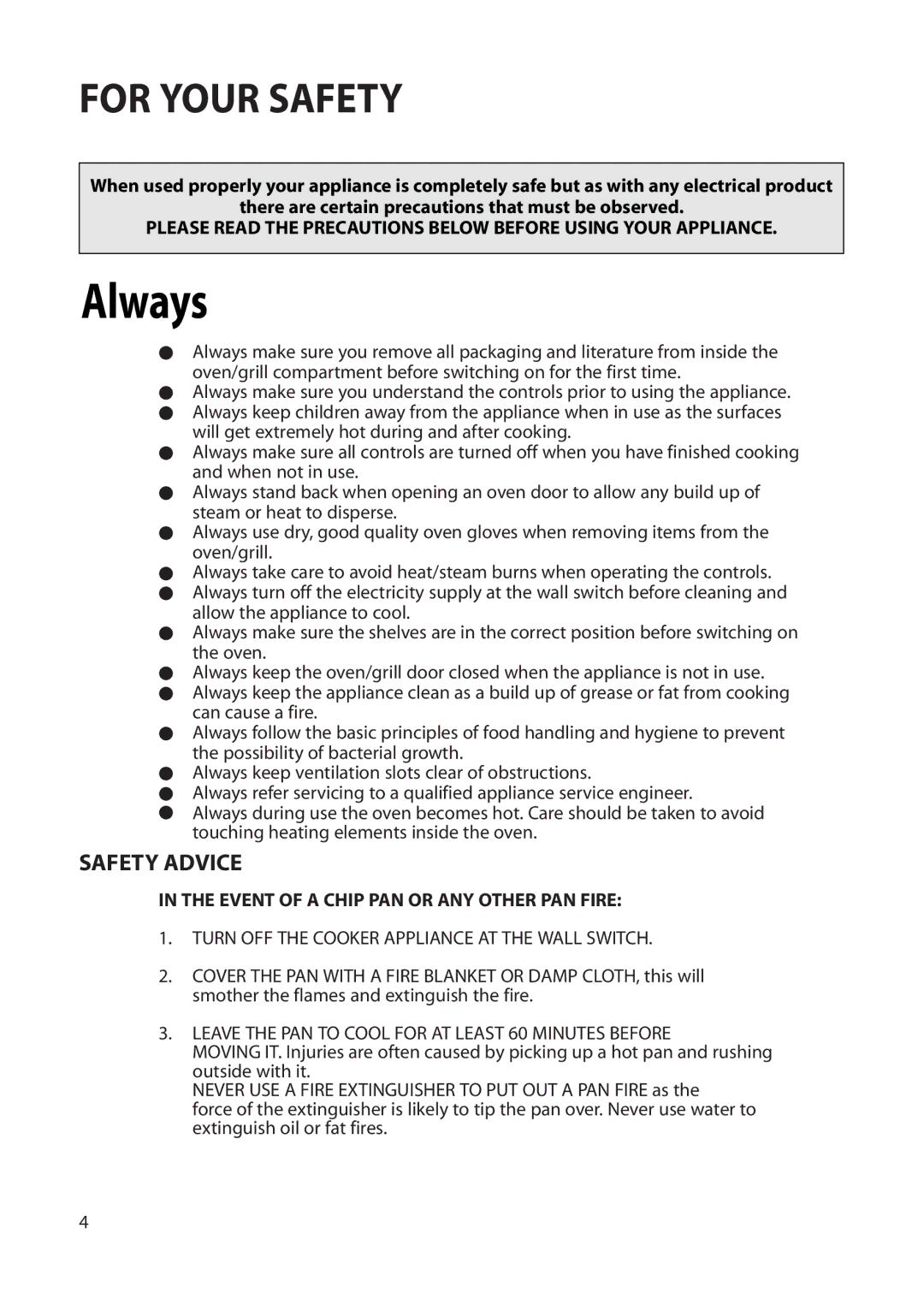 Hotpoint BS72, BS62 manual For Your Safety, Safety Advice 