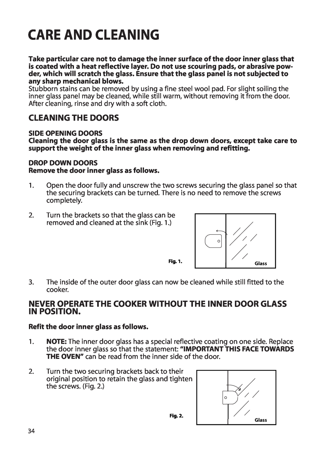 Hotpoint BS72 Care And Cleaning, Cleaning The Doors, Never Operate The Cooker Without The Inner Door Glass In Position 