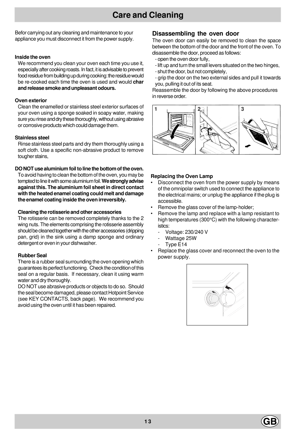 Hotpoint BS73 BS63 manual Care and Cleaning 