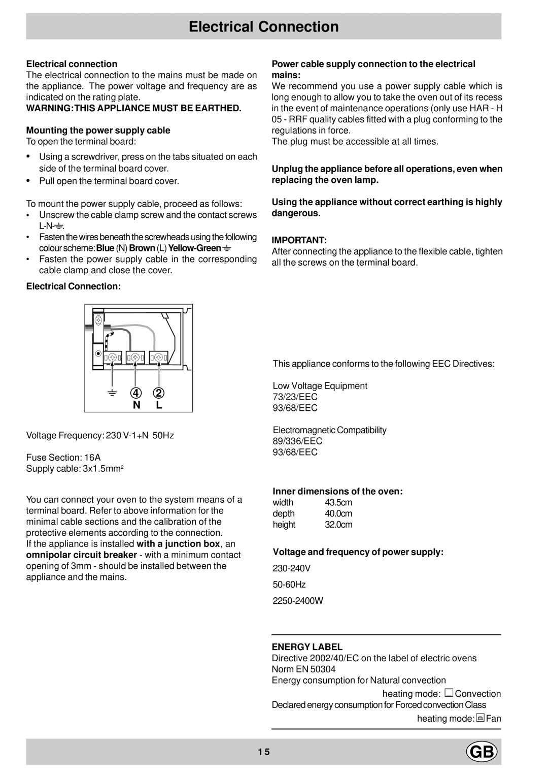 Hotpoint BS73 BS63 manual Electrical Connection, N L 