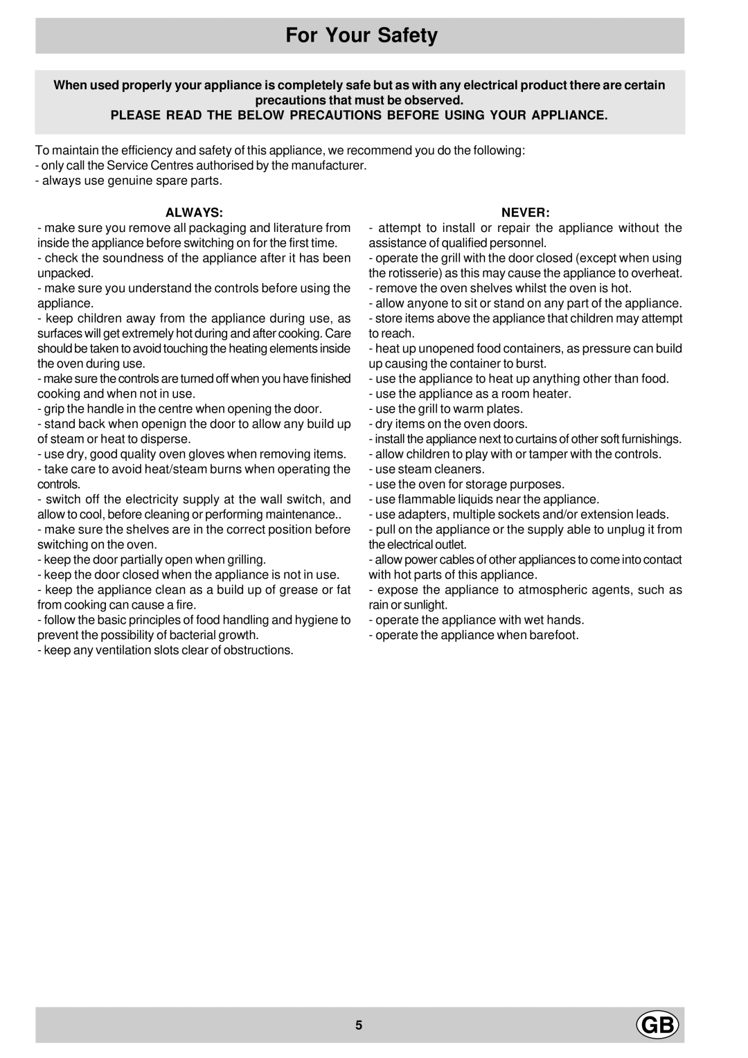 Hotpoint BS73 BS63 manual For Your Safety, Always 