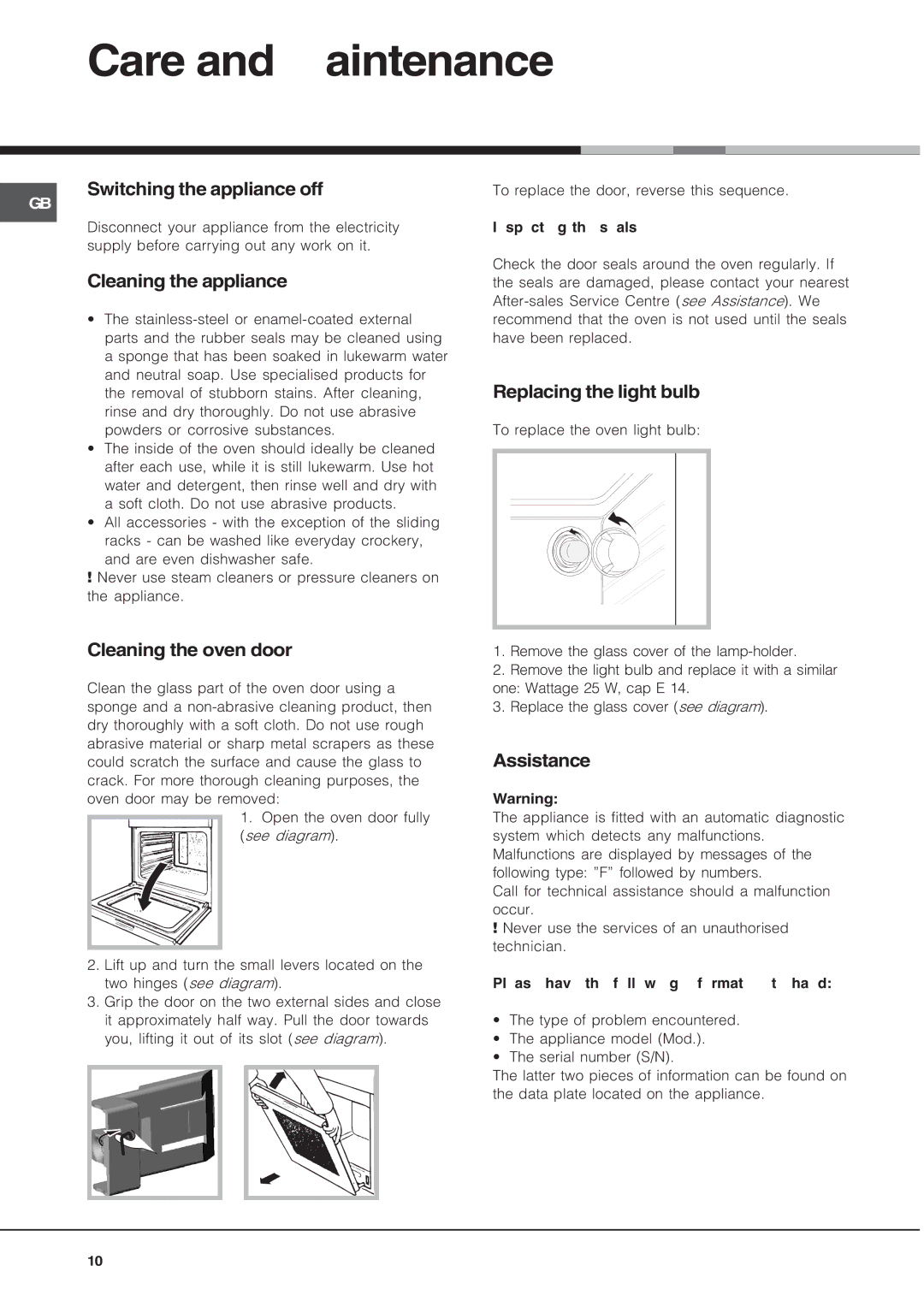 Hotpoint BS89EX, BS89EK manual Care and maintenance 