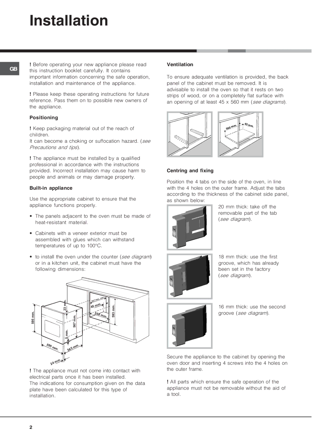 Hotpoint BS89EX, BS89EK manual Installation 