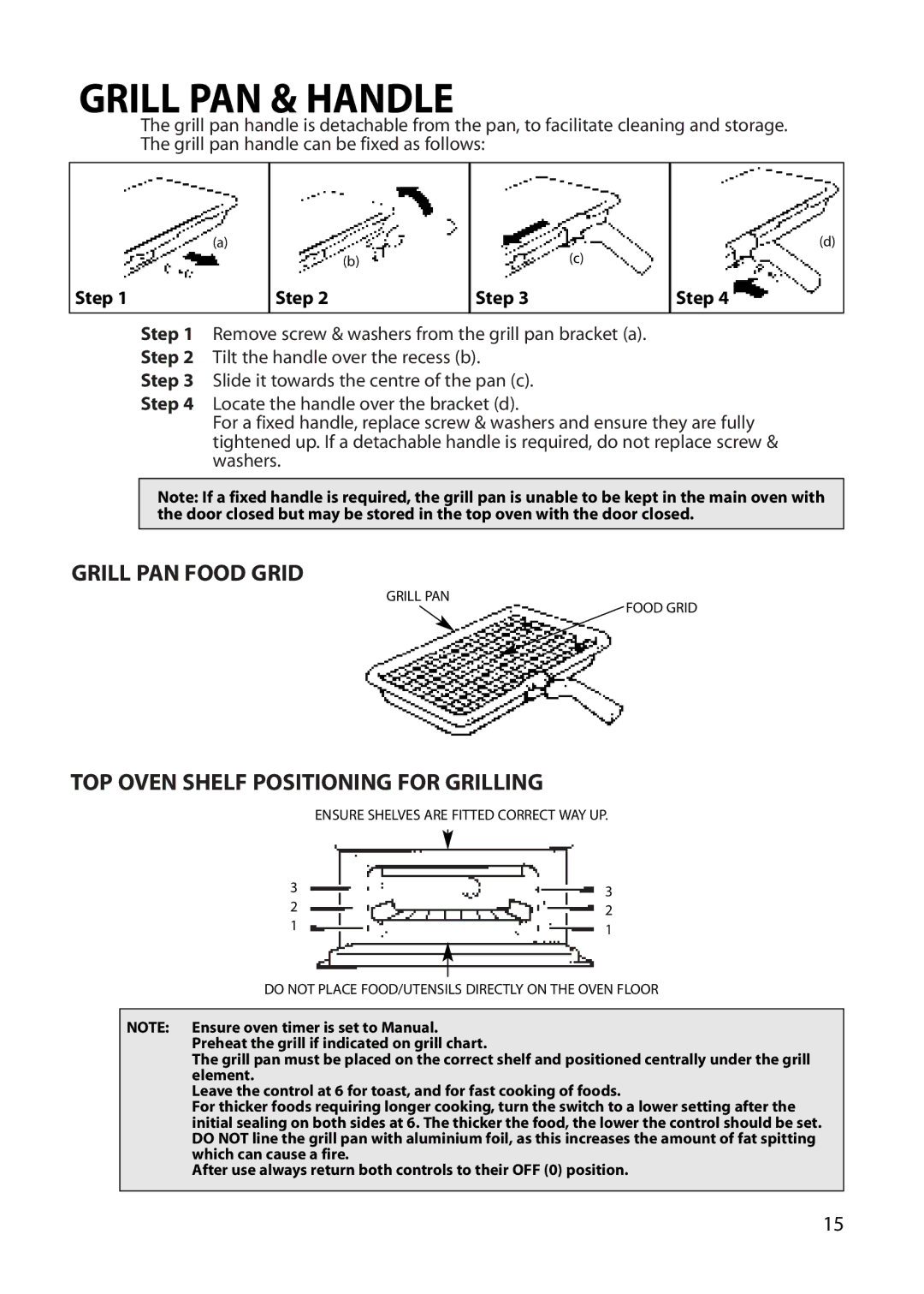 Hotpoint BU62 BU65 manual Grill PAN & Handle, Grill PAN Food Grid, TOP Oven Shelf Positioning for Grilling, Step 