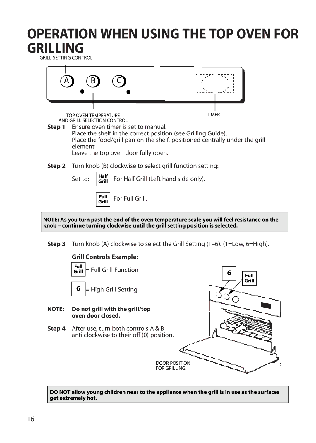 Hotpoint BU62 BU65 manual Operation When Using the TOP Oven for Grilling, Grill Controls Example 