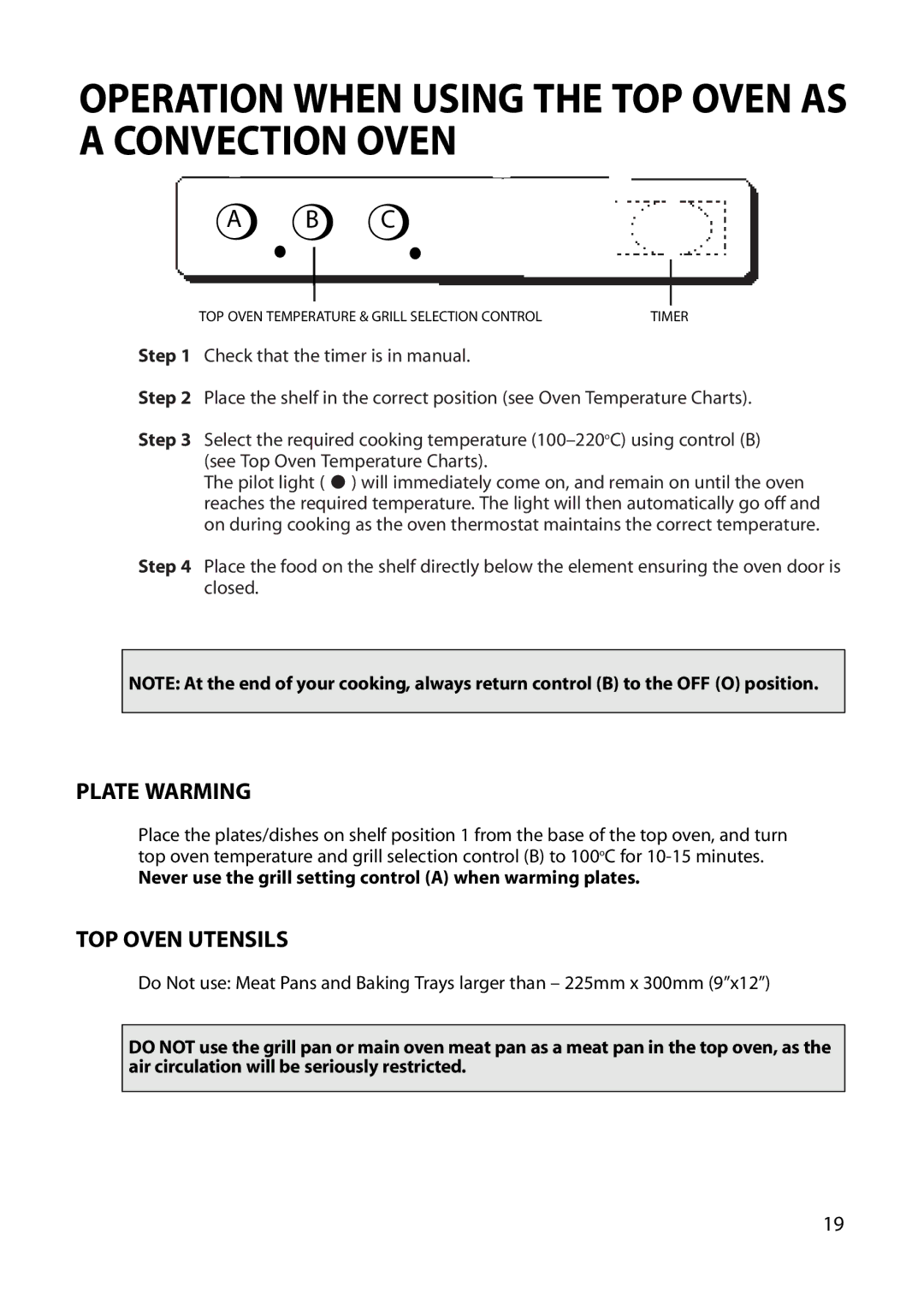 Hotpoint BU62 BU65 manual Operation When Using the TOP Oven AS a Convection Oven, Plate Warming, TOP Oven Utensils 