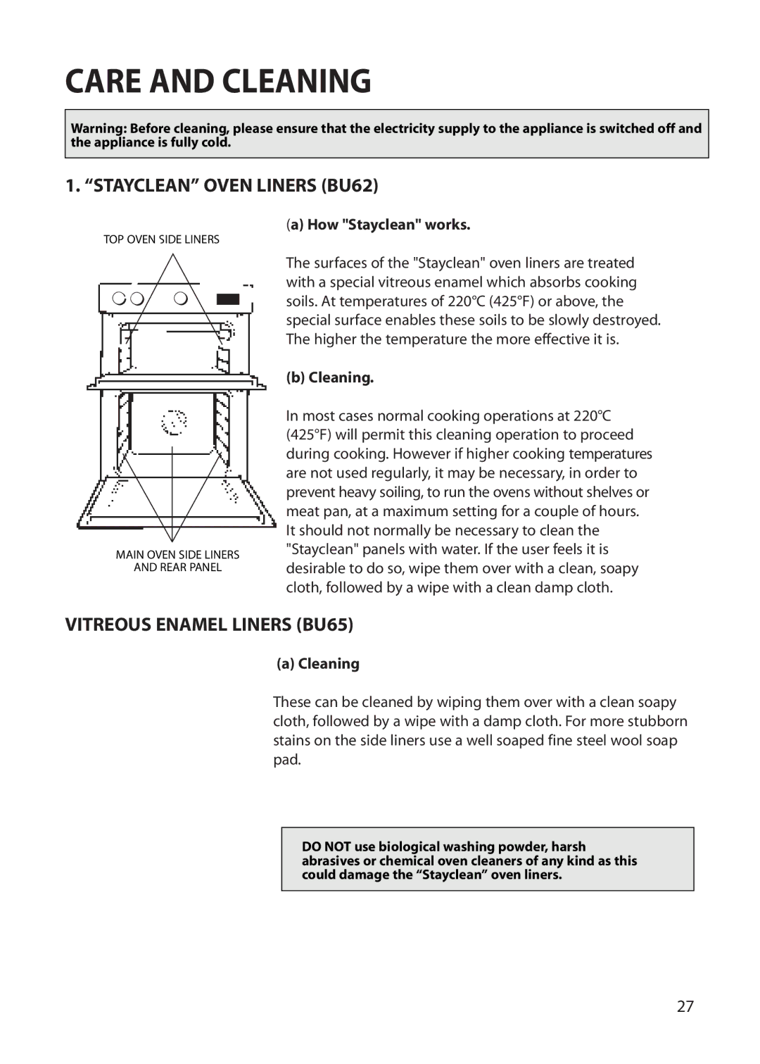 Hotpoint BU62 BU65 manual Care and Cleaning, Stayclean Oven Liners BU62, Vitreous Enamel Liners BU65, How Stayclean works 