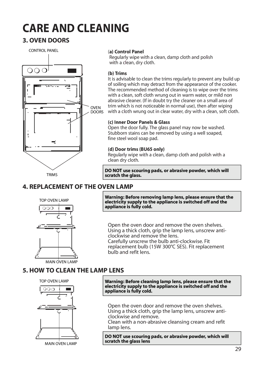 Hotpoint BU62 BU65 manual Oven Doors, Replacement of the Oven Lamp, HOW to Clean the Lamp Lens 