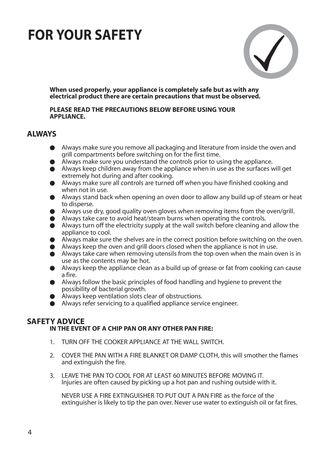 Hotpoint BU62 BU65 manual For Your Safety, Always, Safety Advice 