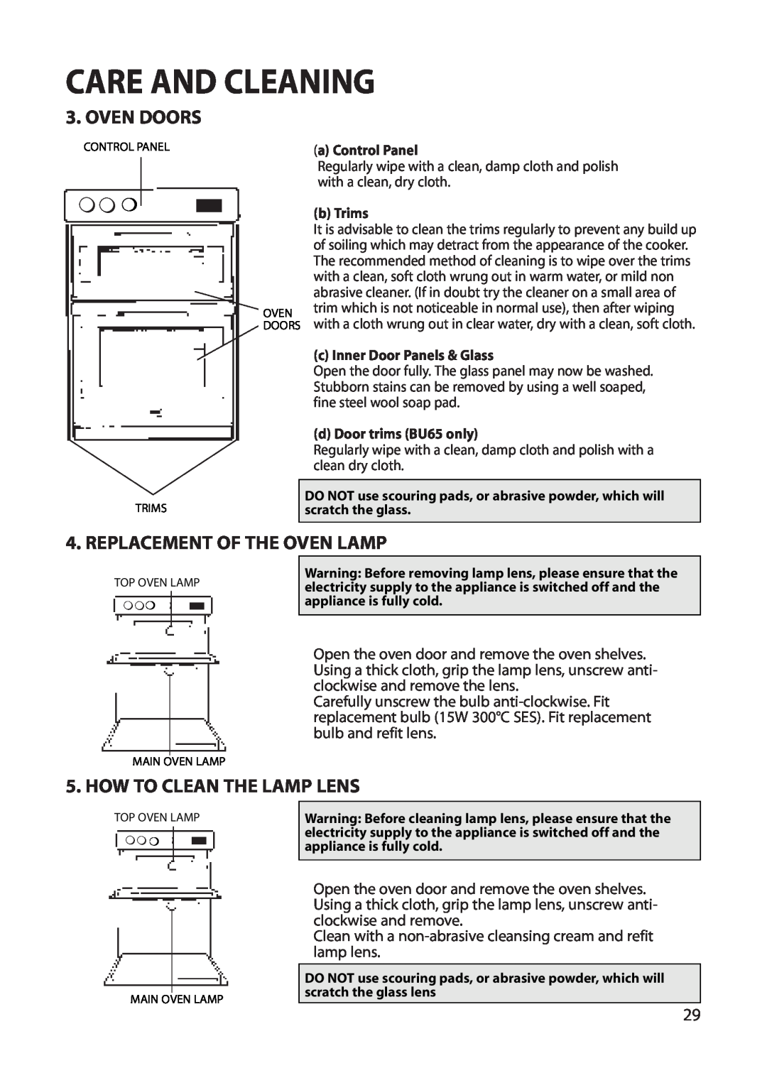 Hotpoint BU62 BU65 manual Care And Cleaning, Oven Doors, Replacement Of The Oven Lamp, How To Clean The Lamp Lens 