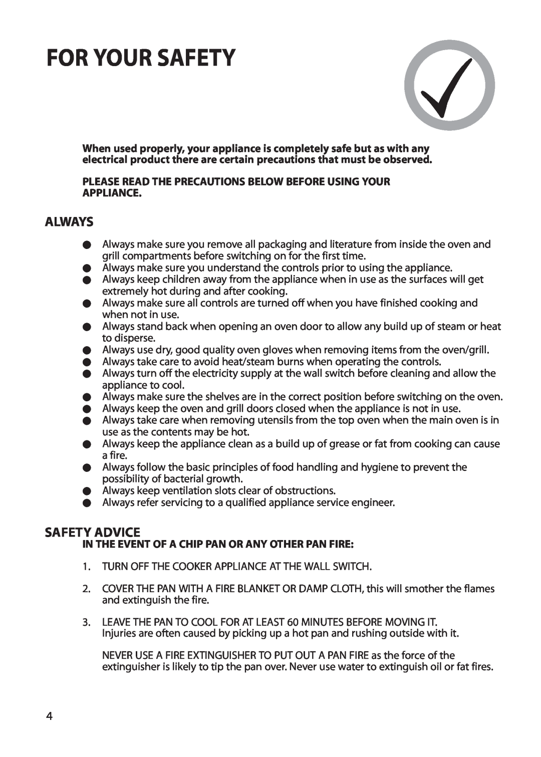 Hotpoint BU62 BU65 For Your Safety, Always, Safety Advice, Please Read The Precautions Below Before Using Your Appliance 
