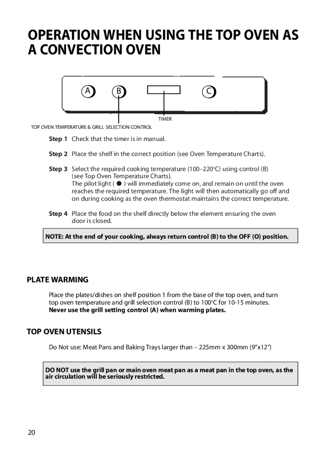 Hotpoint BU72, BU71, BU82 manual Operation When Using the TOP Oven AS a Convection Oven, Plate Warming, TOP Oven Utensils 