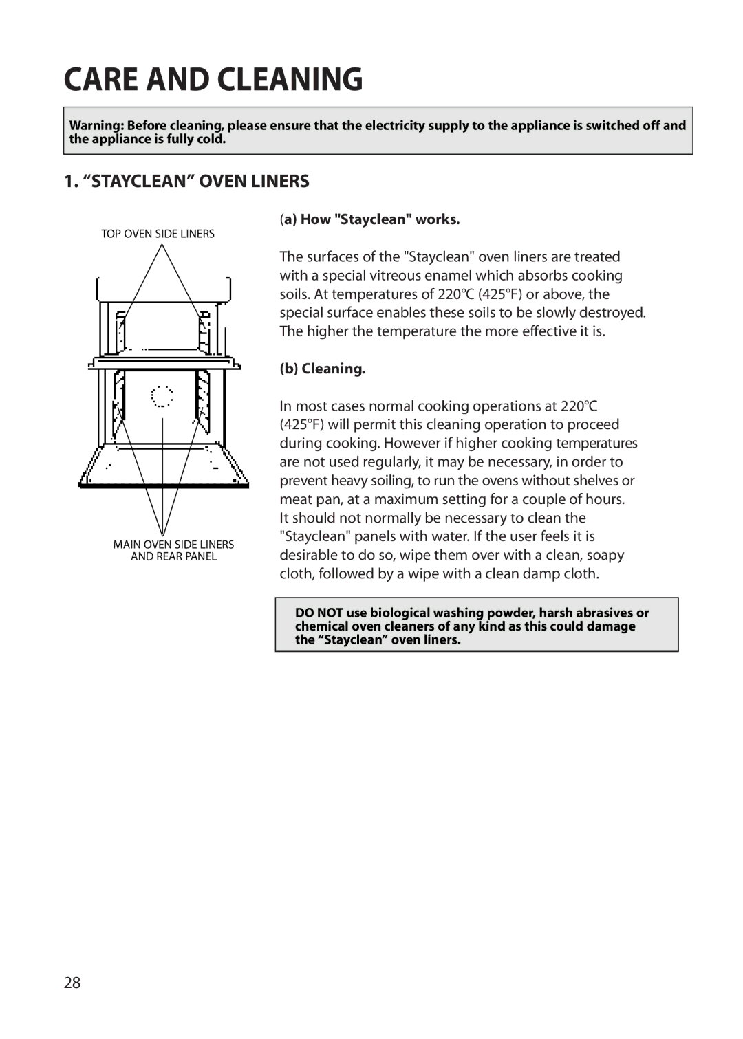 Hotpoint BU82, BU71, BU72 manual Care and Cleaning, Stayclean Oven Liners, How Stayclean works 