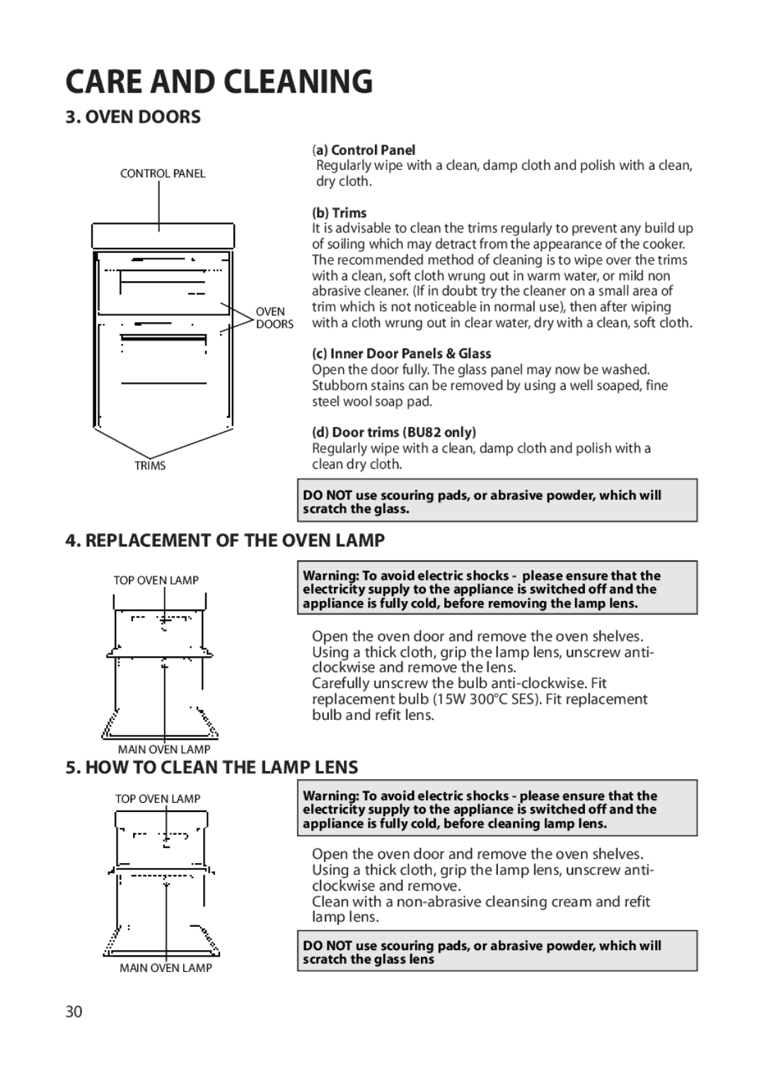 Hotpoint BU71, BU82, BU72 manual Oven Doors, Replacement of the Oven Lamp, HOW to Clean the Lamp Lens 