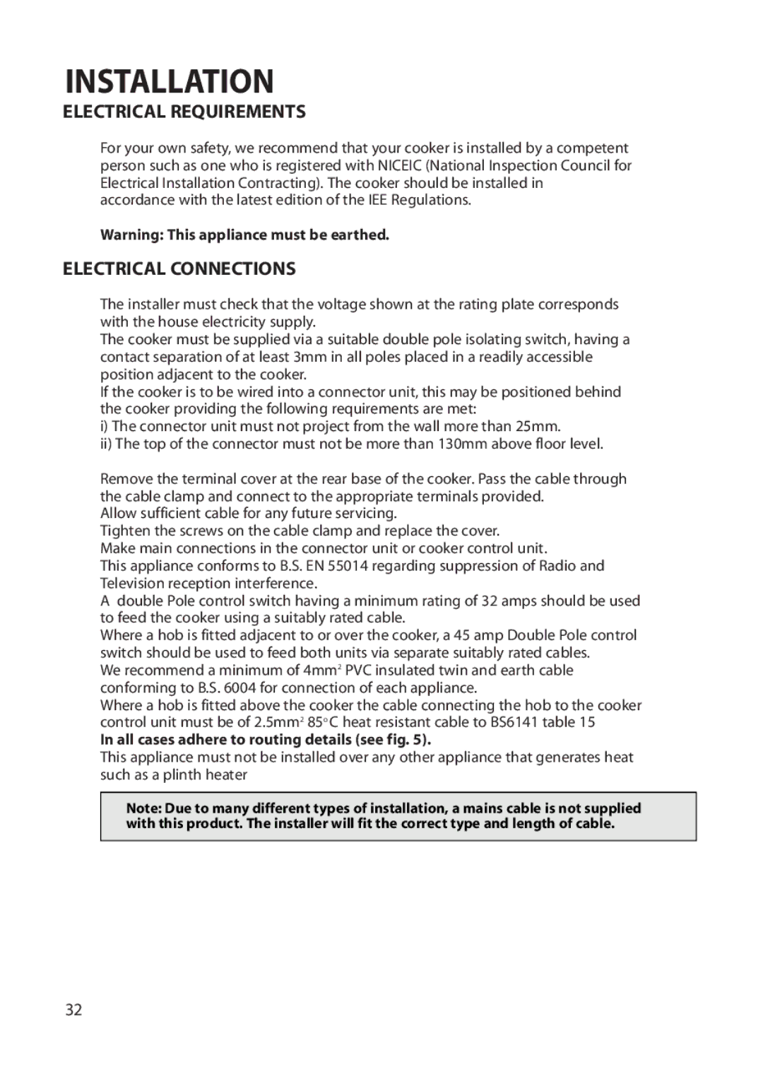 Hotpoint BU72 Installation, Electrical Requirements, Electrical Connections, All cases adhere to routing details see fig 