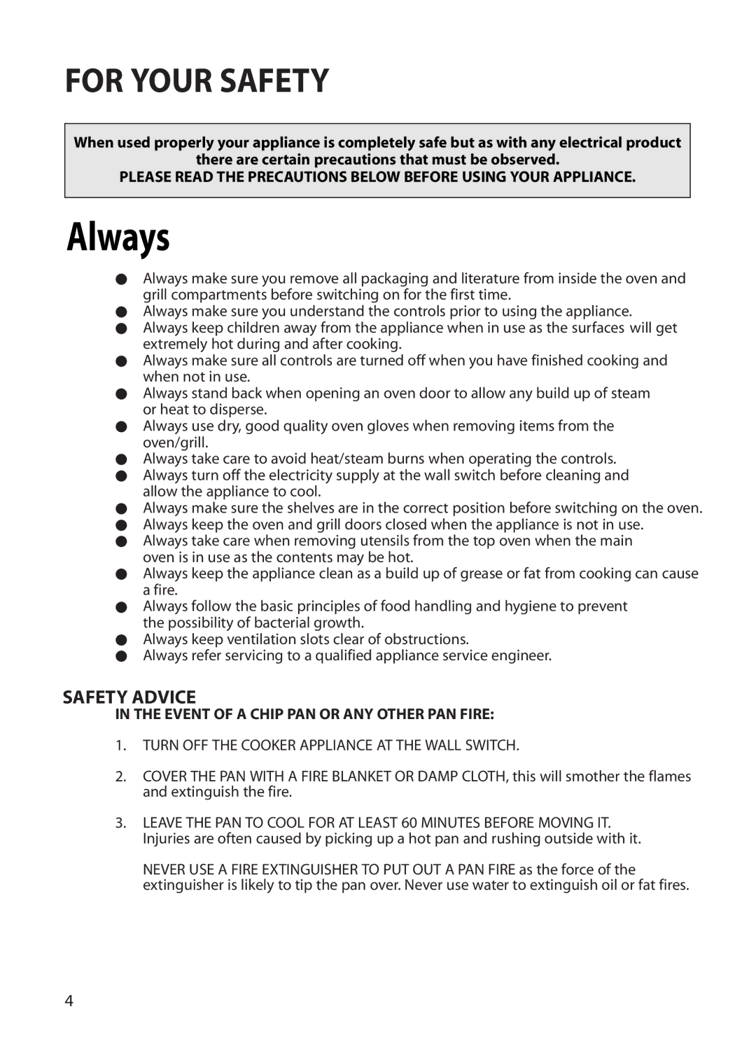 Hotpoint BU82, BU71, BU72 manual For Your Safety, Safety Advice 