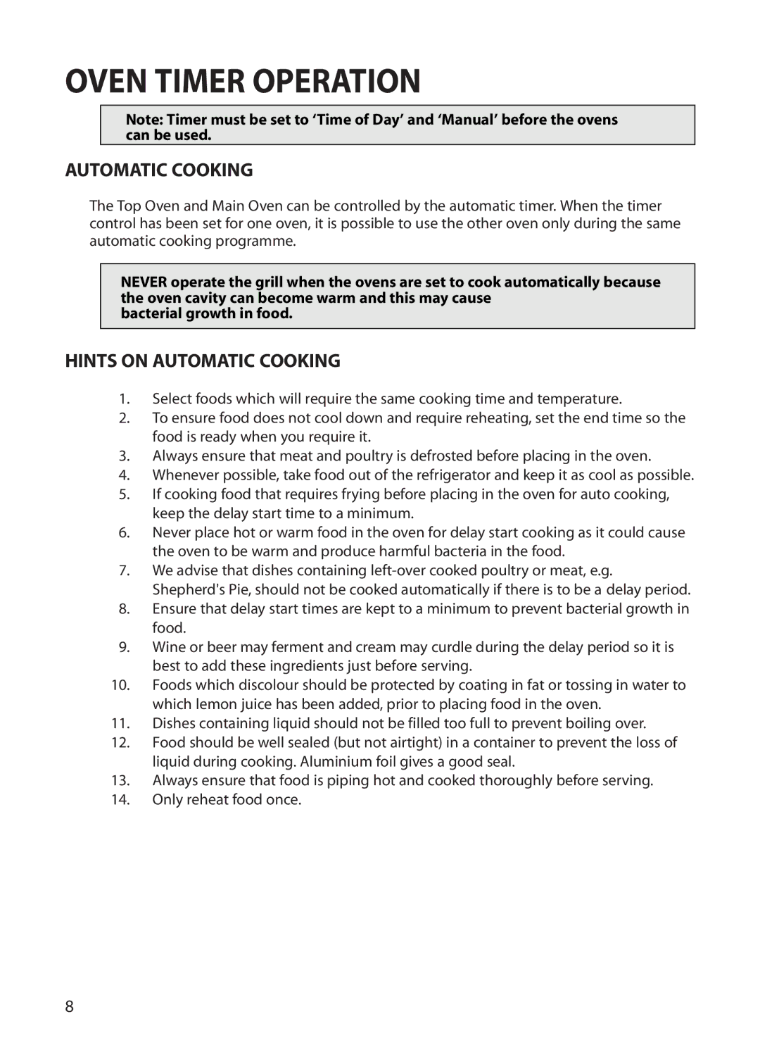 Hotpoint BU72, BU71, BU82 manual Oven Timer Operation, Hints on Automatic Cooking 