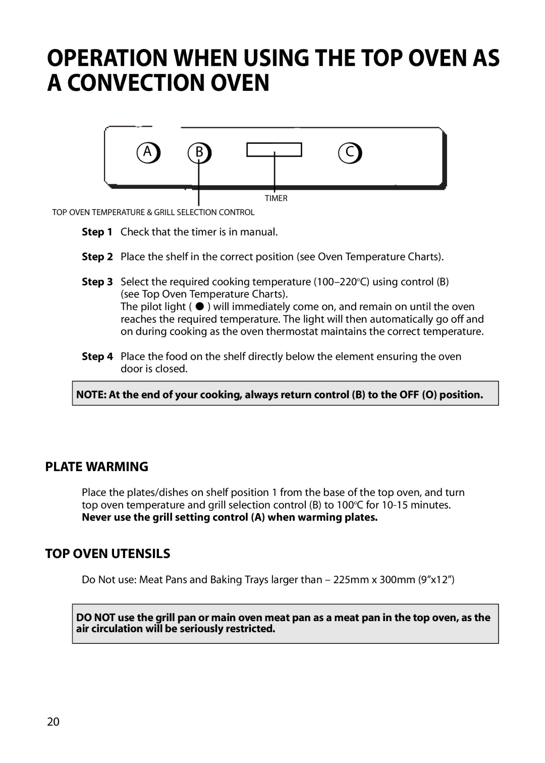 Hotpoint BU82 BU72 BU71 manual Operation When Using the TOP Oven AS a Convection Oven, Plate Warming, TOP Oven Utensils 