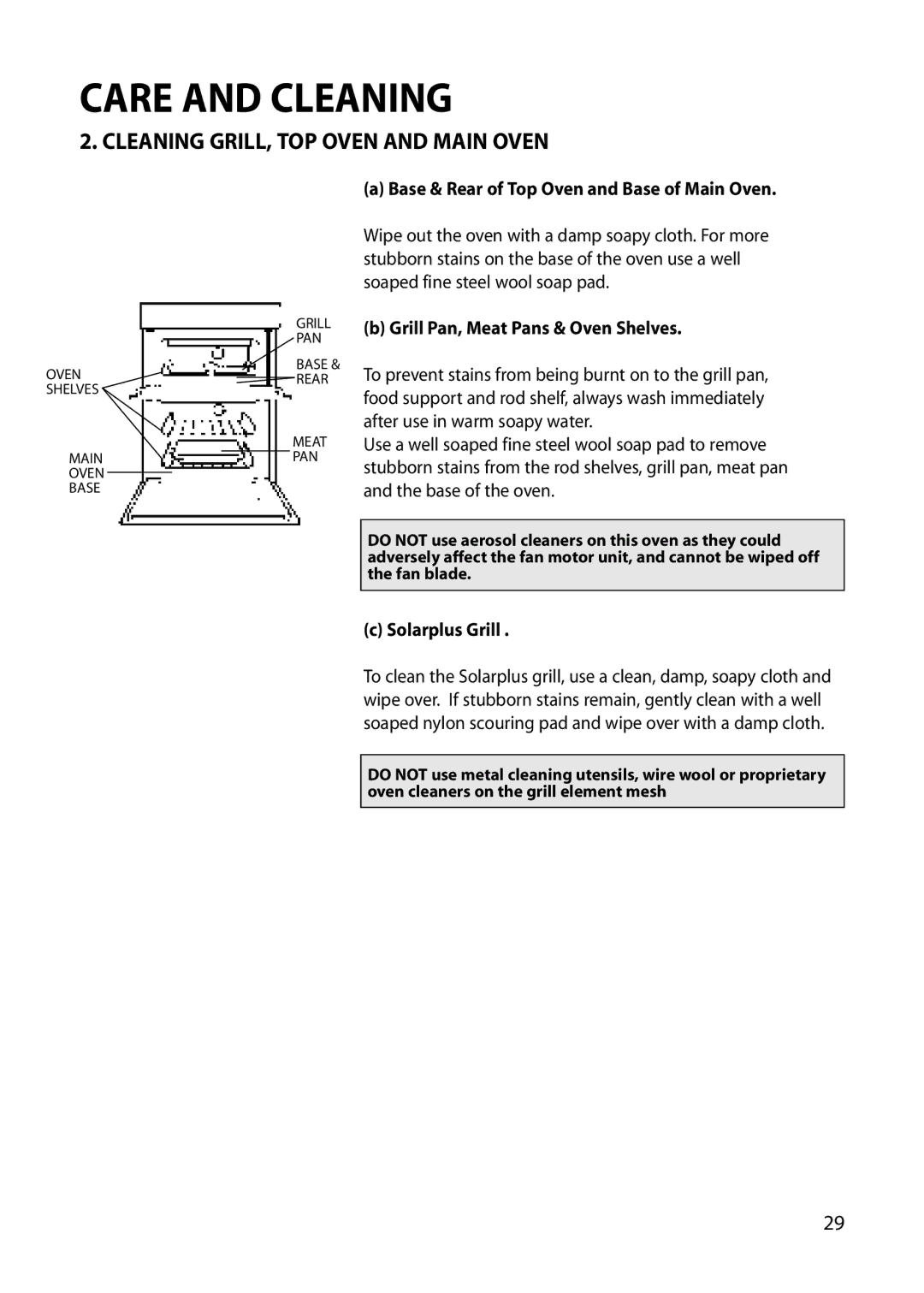 Hotpoint BU82 BU72 BU71 manual Cleaning GRILL, TOP Oven and Main Oven, Base & Rear of Top Oven and Base of Main Oven 