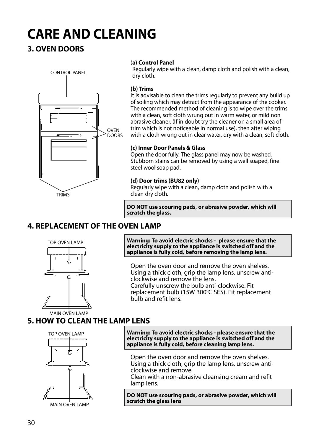 Hotpoint BU82 BU72 BU71 manual Oven Doors, Replacement of the Oven Lamp, HOW to Clean the Lamp Lens 