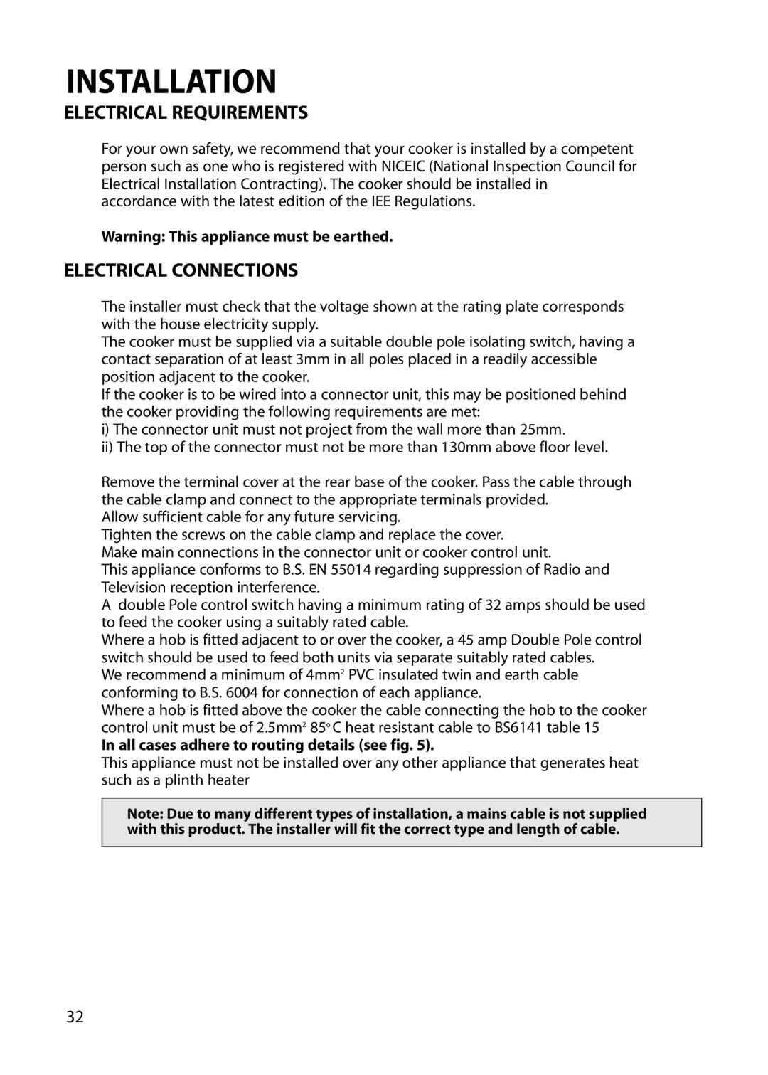 Hotpoint BU82 BU72 BU71 manual Installation, Electrical Requirements, Electrical Connections 