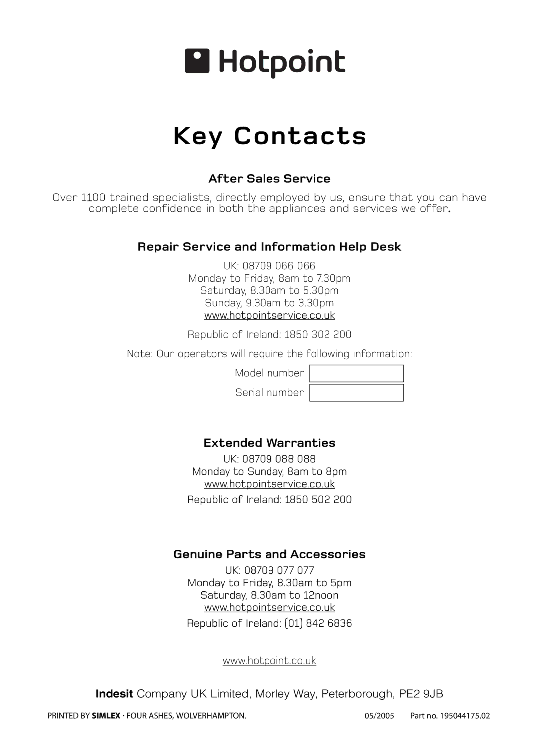 Hotpoint BU82 BU72 BU71 manual After Sales Service, Repair Service and Information Help Desk, Extended Warranties 