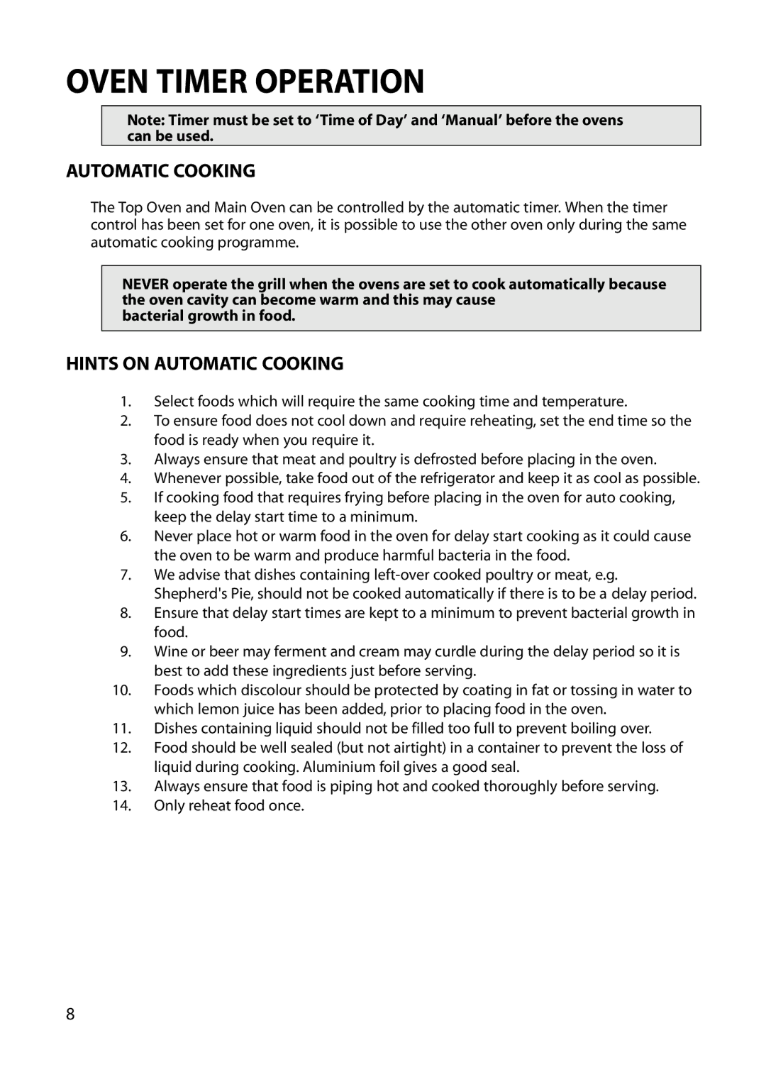 Hotpoint BU82 BU72 BU71 manual Oven Timer Operation, Hints on Automatic Cooking 