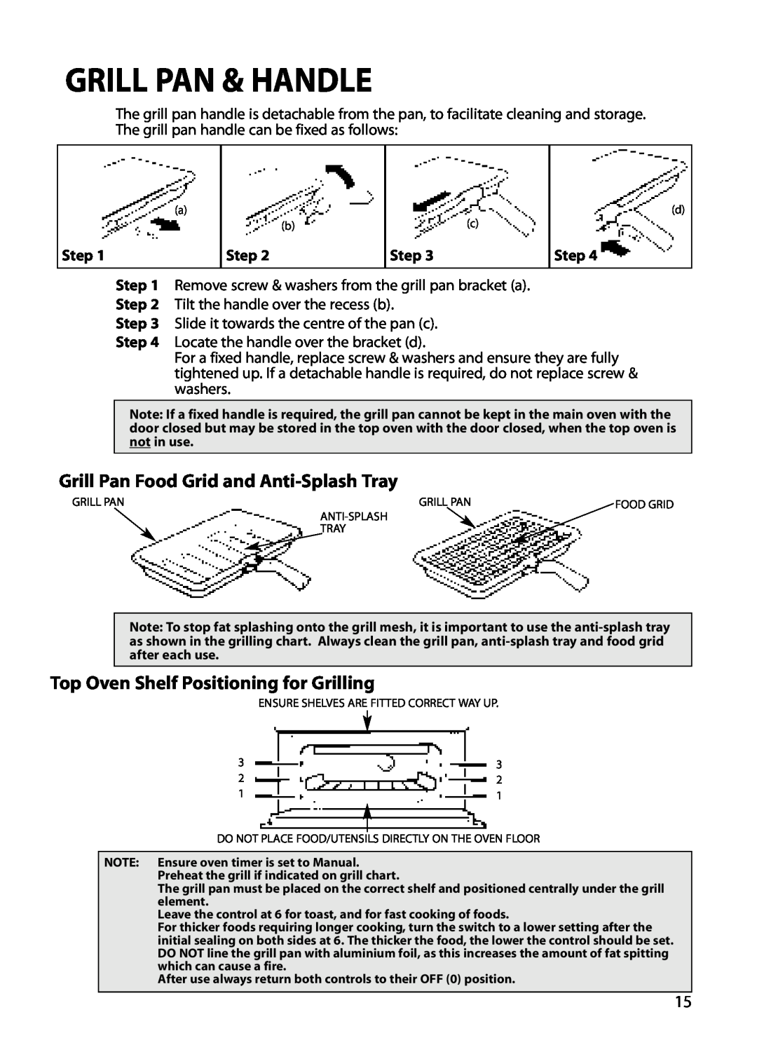 Hotpoint BU82 BU72 BU71 manual Grill Pan & Handle, Grill Pan Food Grid and Anti-Splash Tray 