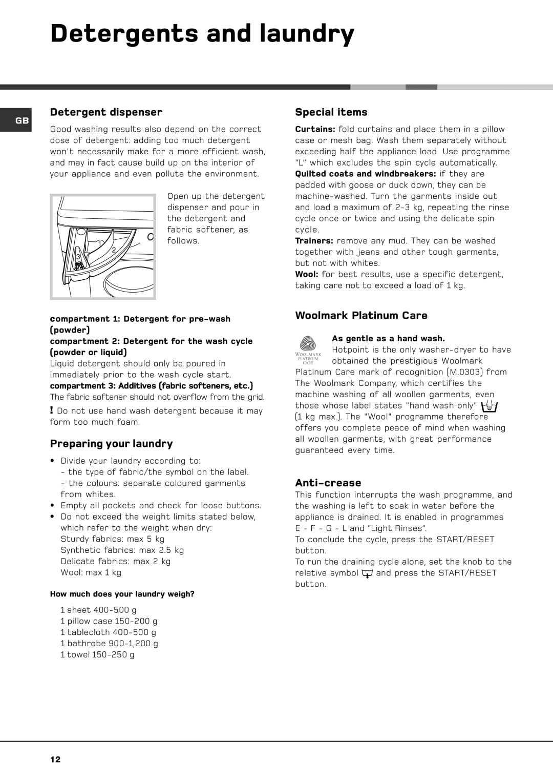 Hotpoint BWD 129 manual Detergents and laundry 