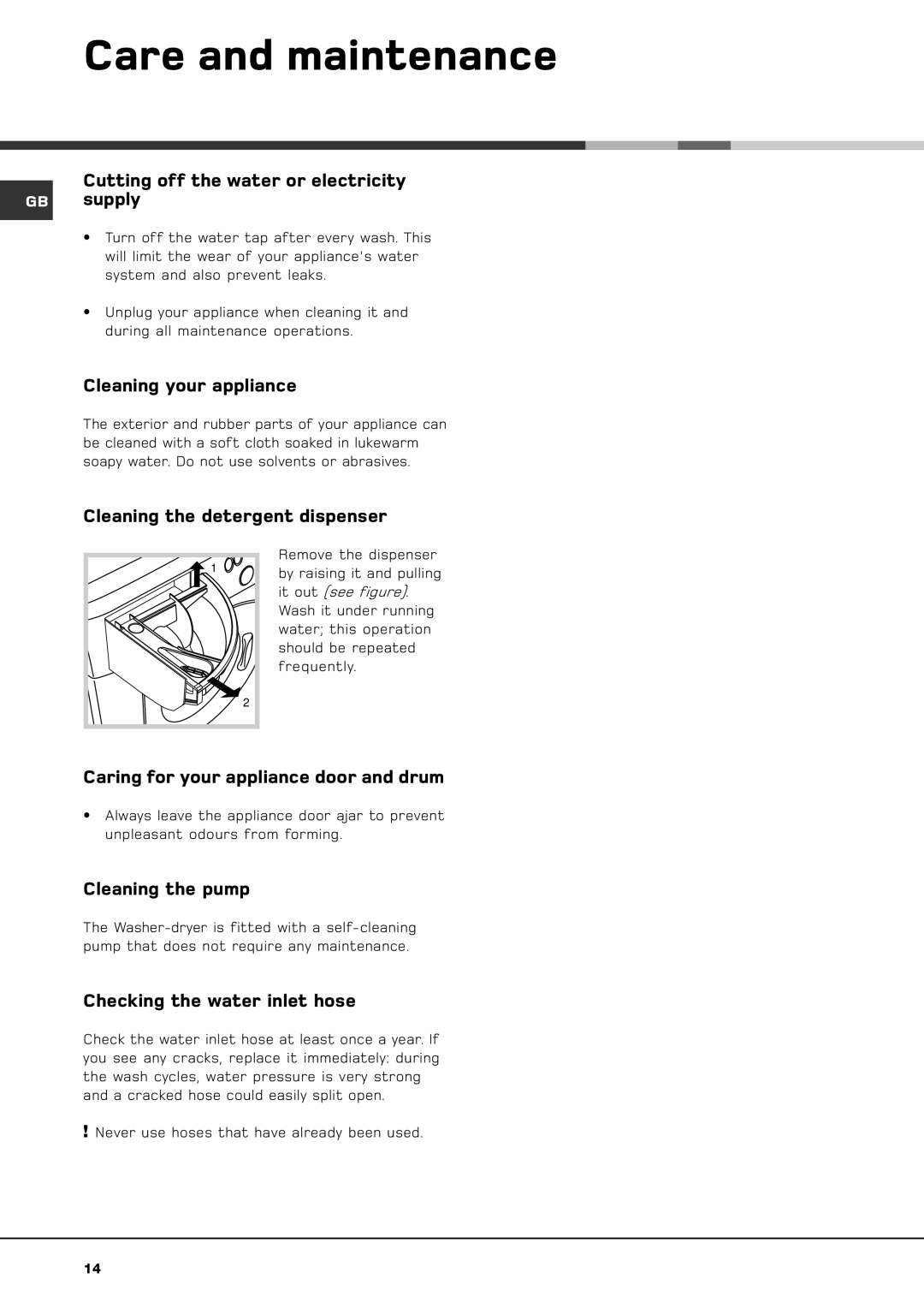 Hotpoint BWD 129 manual Care and maintenance 